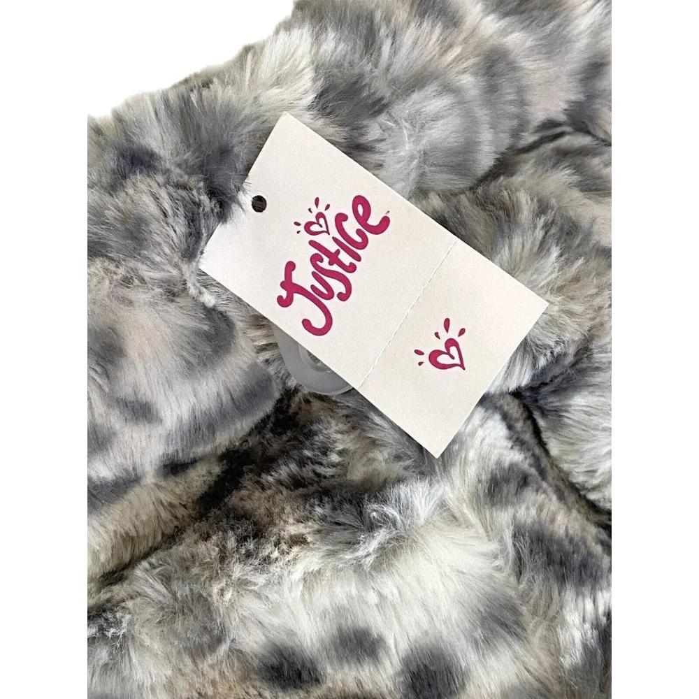 Justice Girl’s Letter N One Size Cheetah Cat Earflap Hat Faux Fur Grey Teal Blue